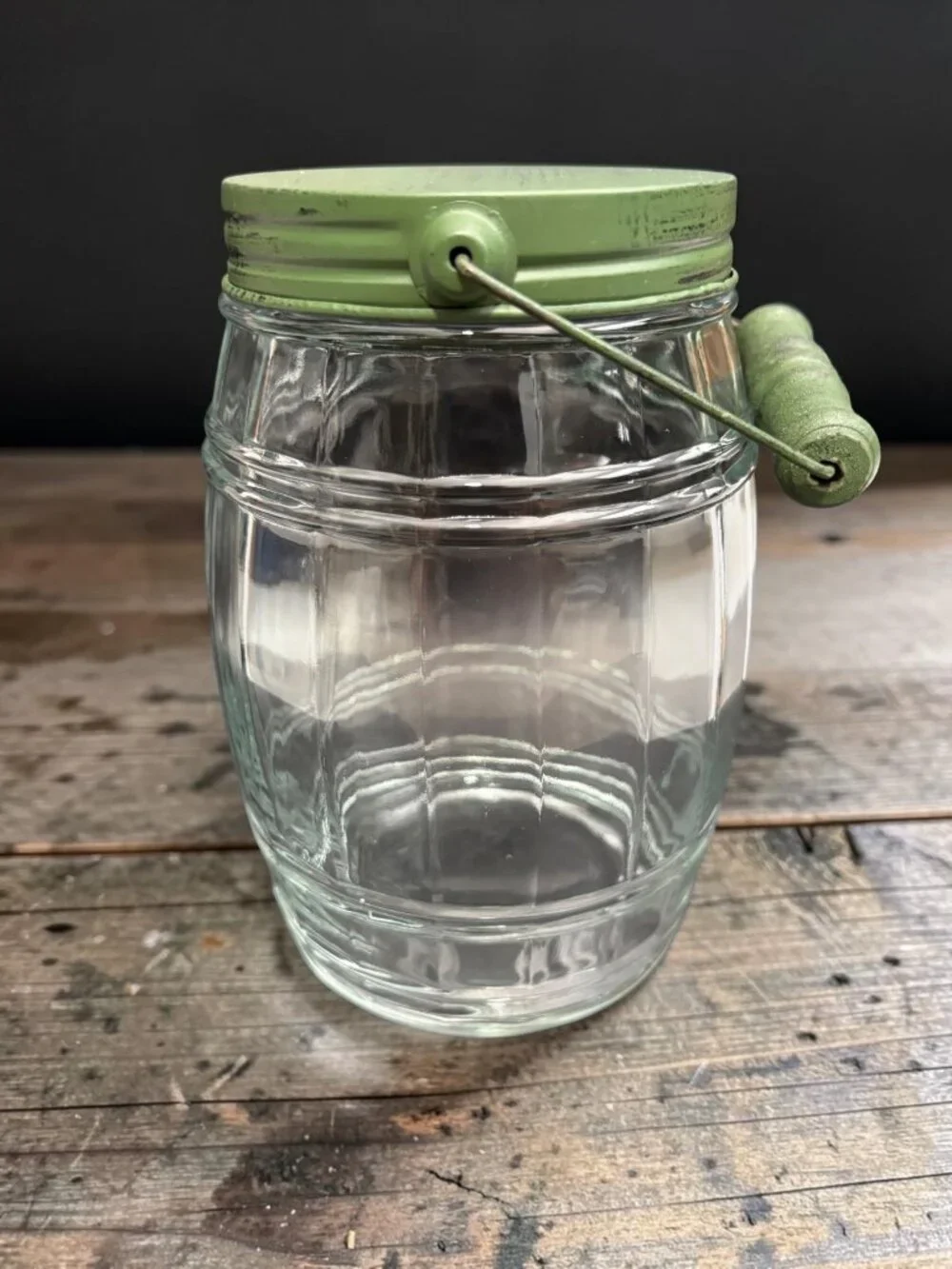 Vintage Glass Barrel Style  Jar With Green Metal Lid & Wood Handle - Rustic Farm